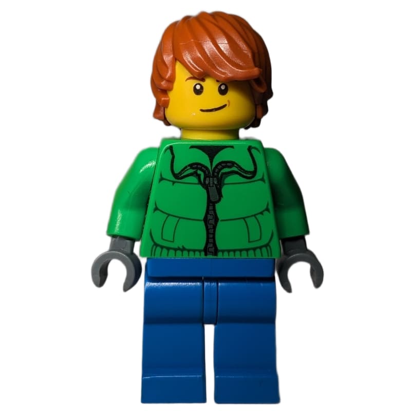 Man, Bright Green Jacket, Blue Legs