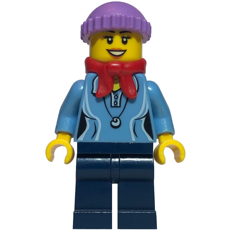 Woman, Medium Blue Polo Shirt with Necklace, Dark Blue Legs, Red Bandana Scarf, Medium Lavender Hat