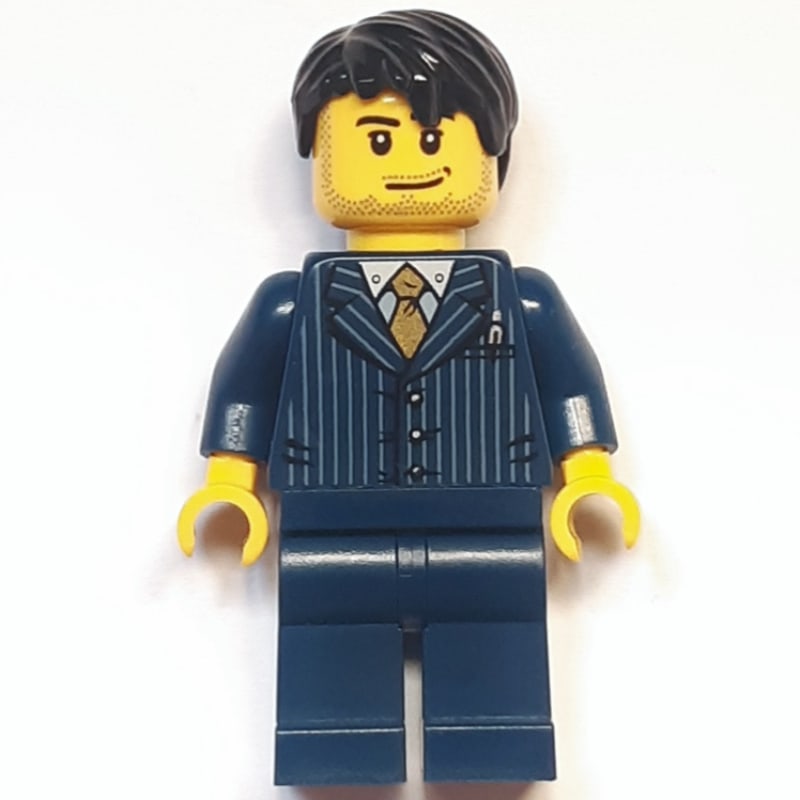 Man, Dark Blue Pinstripe Suit with Gold Tie, Black Hair