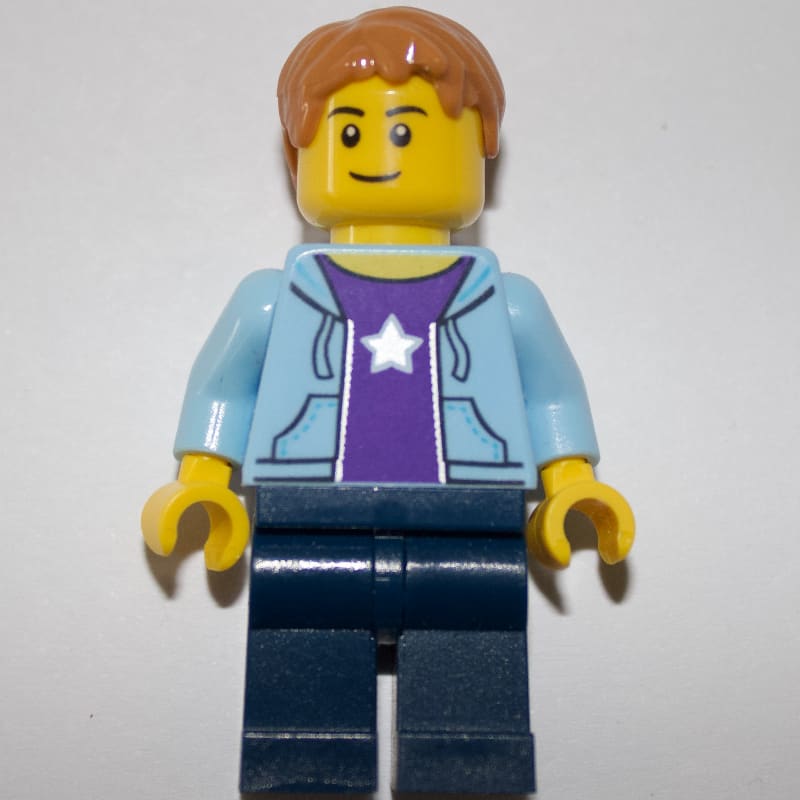 Man, Open Bright Light Blue Hoodie over Dark Purple Shirt with Star, Dark Blue Legs