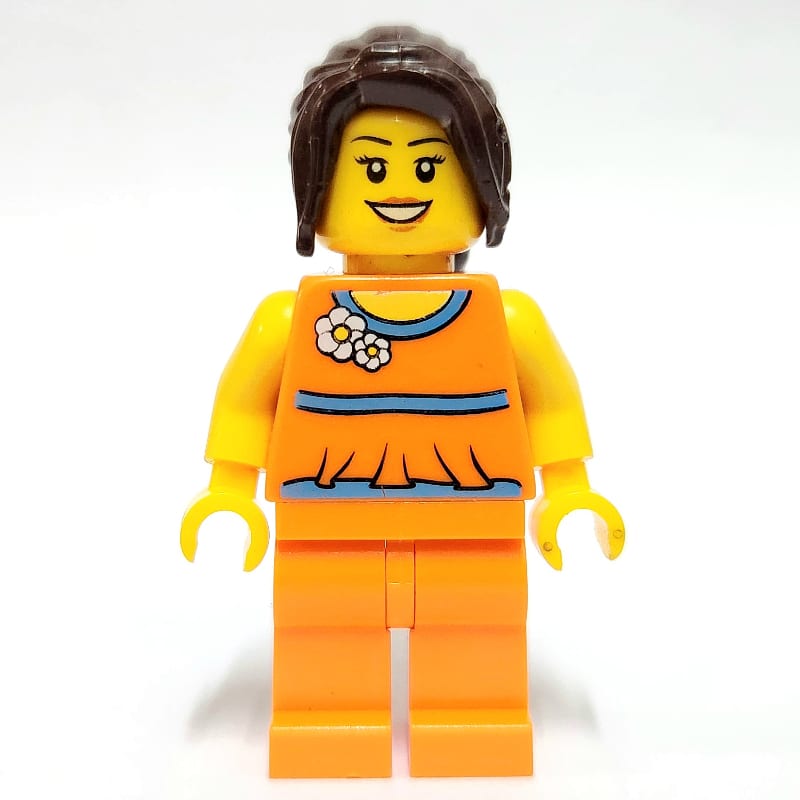 Woman, Orange Outfit with Flowers, Dark Brown Ponytail