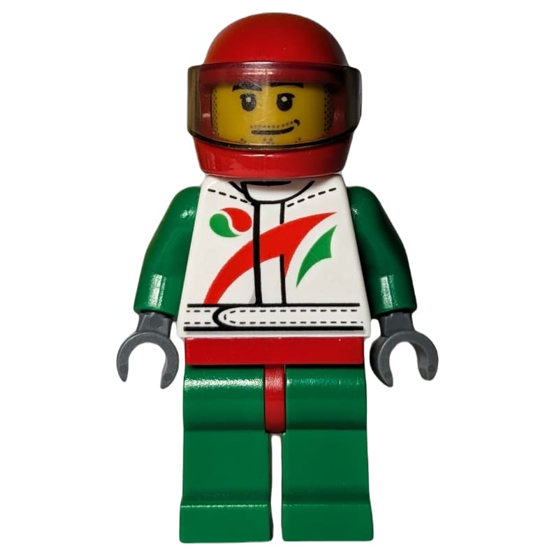 Racer, White and Green Jumpsuit with Octan Logo, Red Helmet with Trans-Brown Visor