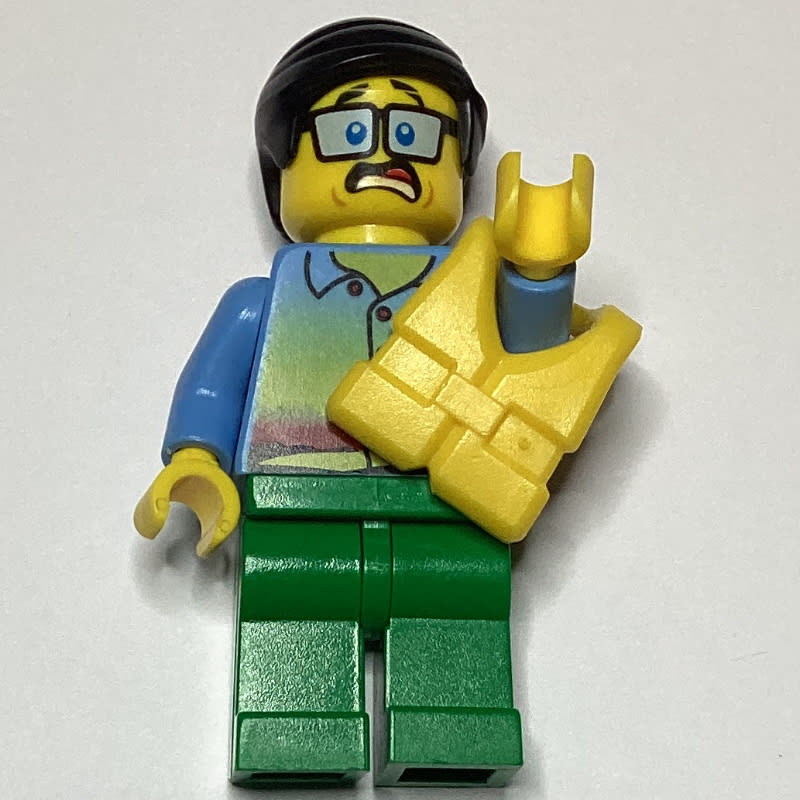 Man, Sunset Shirt with Palm Trees, Green Legs, Yellow Life Vest, Glasses