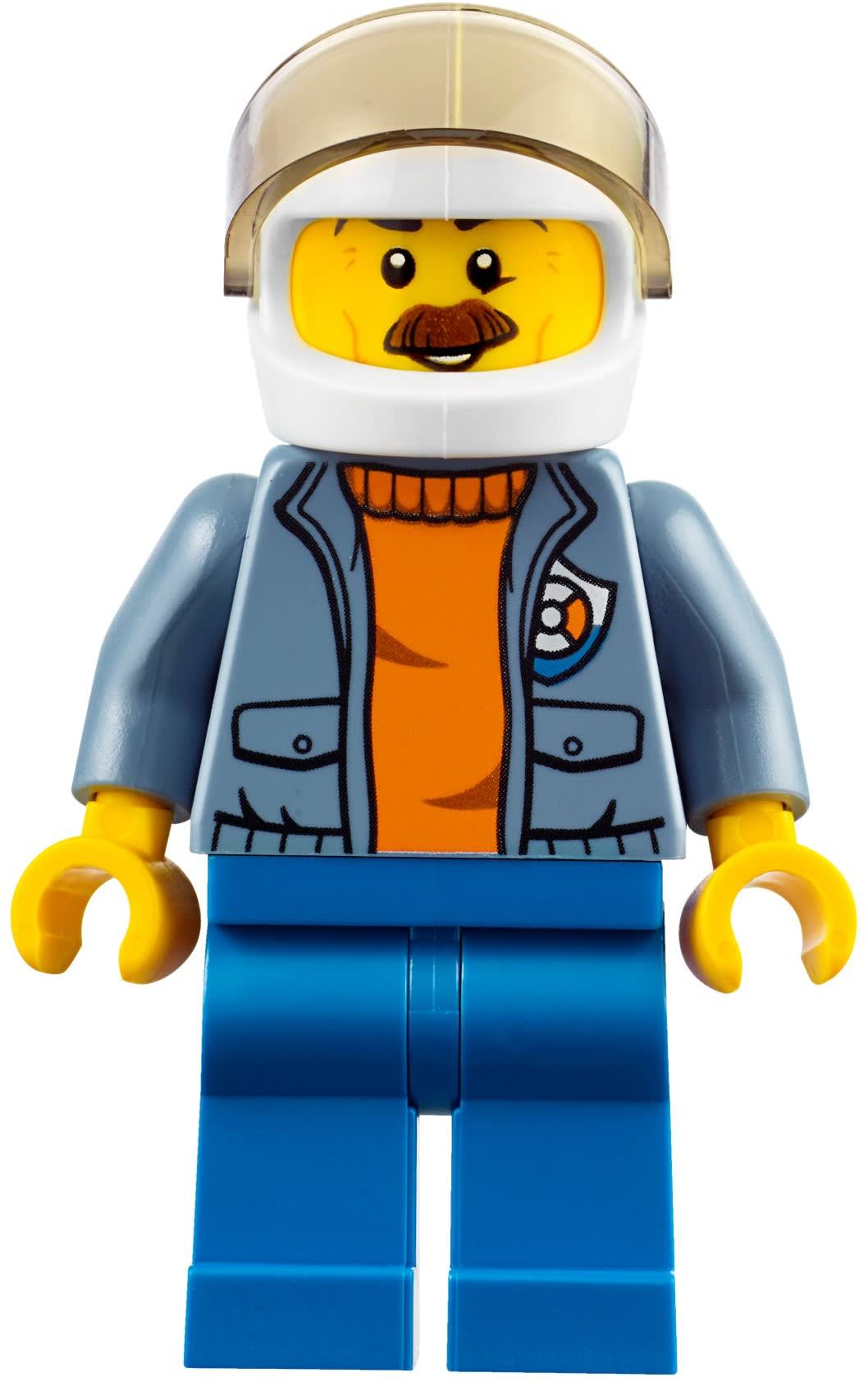Coast Guard, Open Sand Blue Jacket with Badge over Orange Sweater, White Helmet with Visor, Moustache
