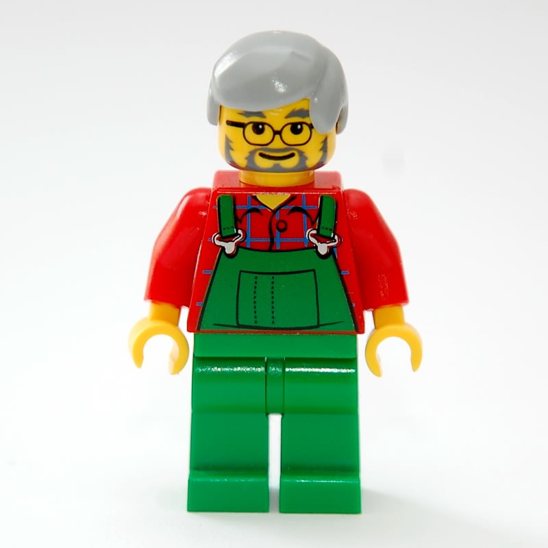 Man, Green Overalls over Red Shirt, Light Bluish Gray Hair, Glasses and Beard