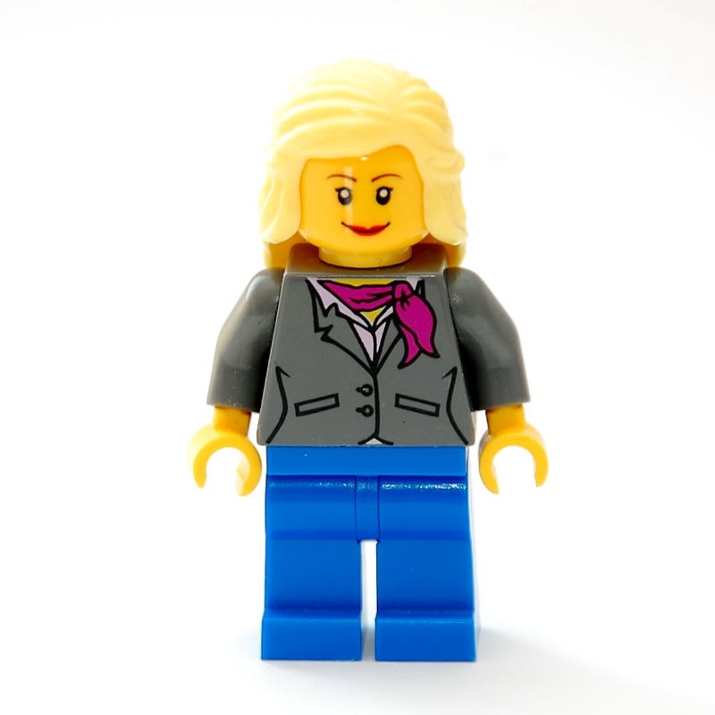 Woman, Dark Bluish Gray Jacket with Magenta Scarf, Blue Legs, Bright Light Yellow Hair