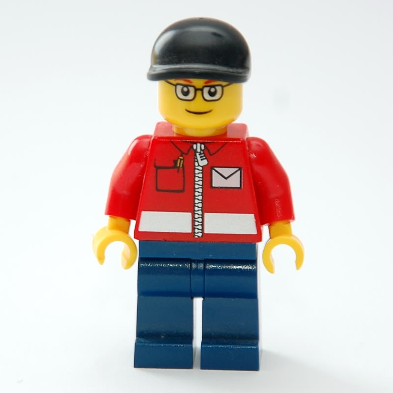 Postal Worker, Red Jacket with Zipper and Letter Logo, Dark Blue Legs, Black Cap, Glasses