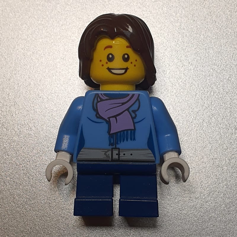 Girl, Medium Blue Jacket with Medium Lavender Scarf, Short Dark Blue Legs, Dark Brown Hair