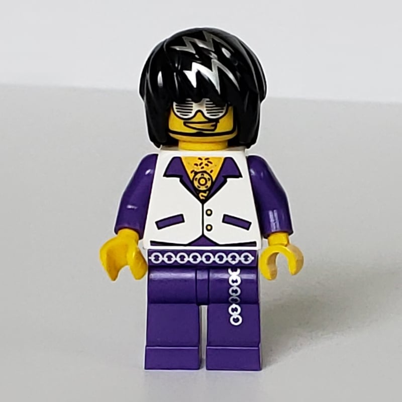 Musician, Man, White Vest over Dark Purple Shirt, Black Hair with Silver Streaks, Glasses