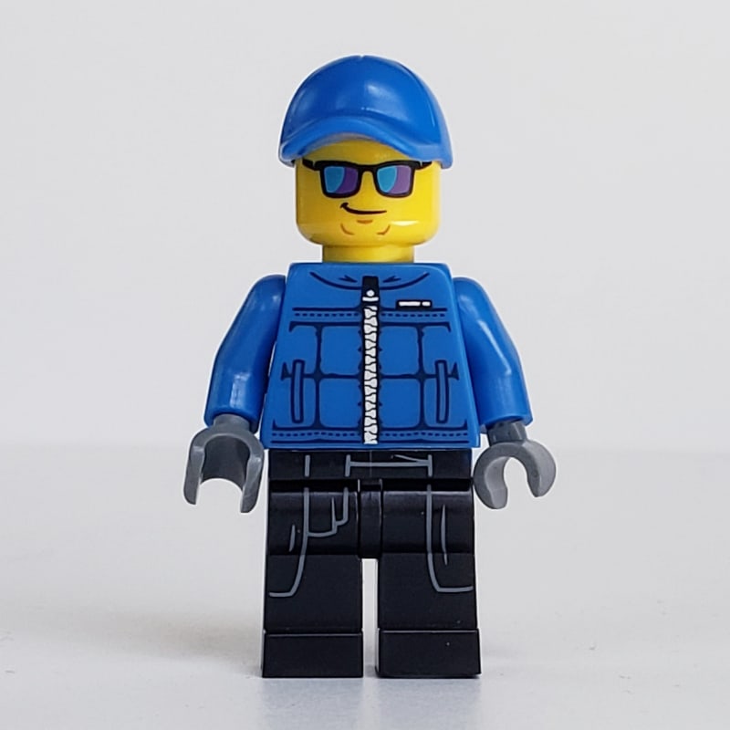 Policeman, Blue Jacket with Zipper, Blue Cap, Blue and Purple Sunglasses