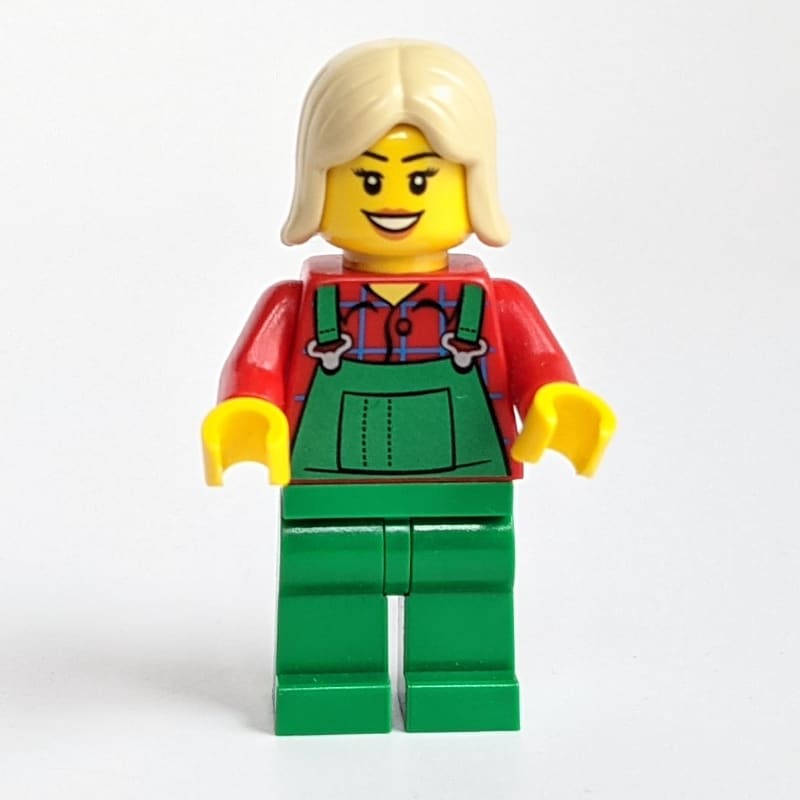 Woman, Green Overalls over Red Paid Shirt, Tan Hair