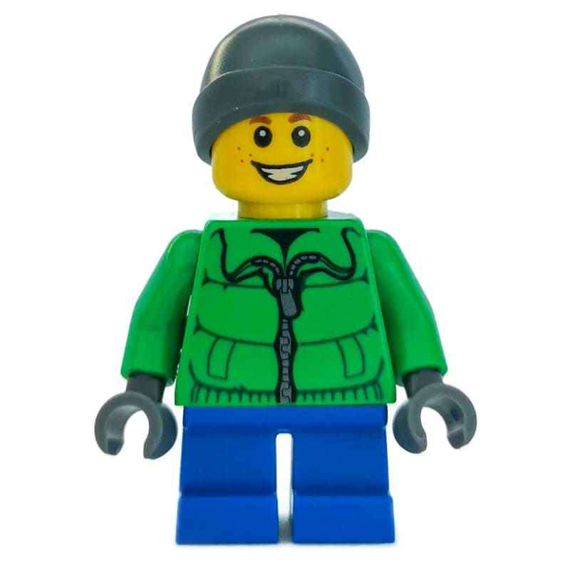 Boy, Green Jacket, Short Dark Blue Legs, Dark Bluish Gray Beanie Hat