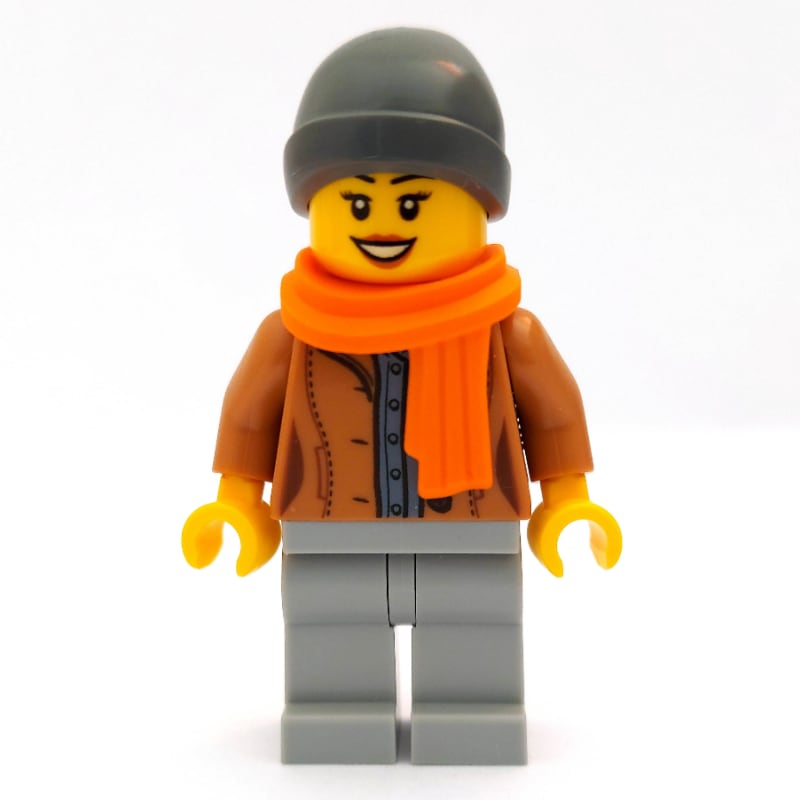 Woman, Open Medium Nougat Jacket, Light Bluish Gray Legs, Dark Bluish Gray Beanie Hat, Orange Scarf