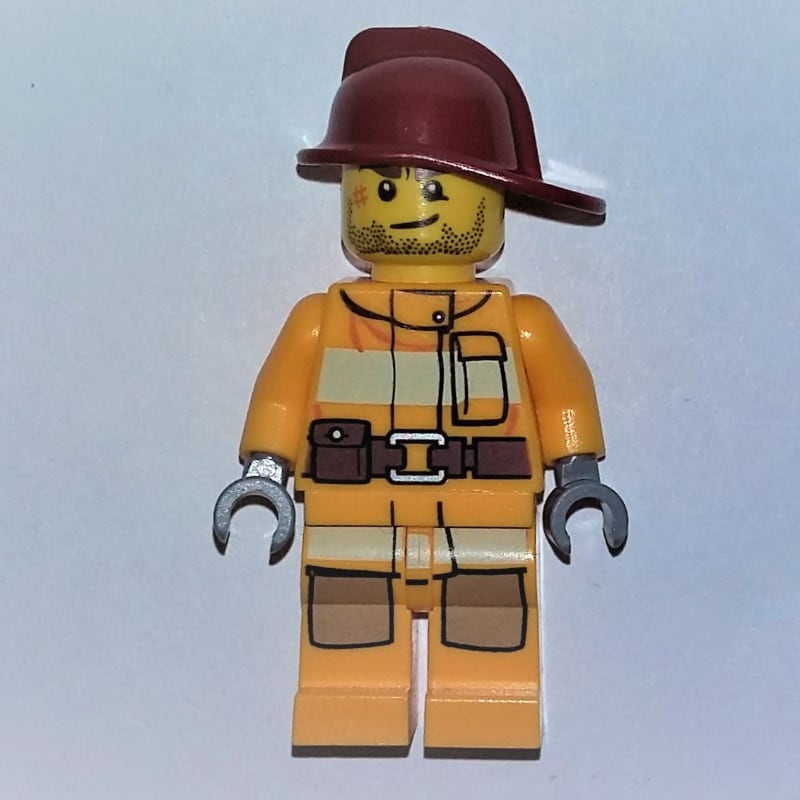 Fireman, Bright Light Orange Fire Suit, Dark Red Helmet, Scar