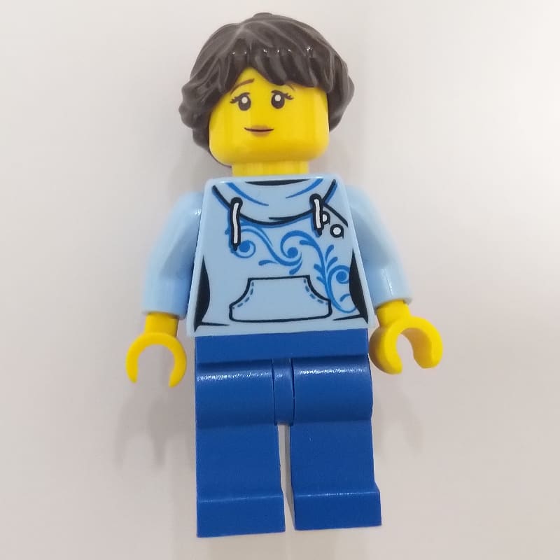 Bright Light Blue Torso, Blue Legs, Dark Brown Hair