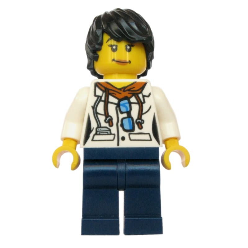 Scientist, Woman, White Jacket over Hoodie with Sunglasses, Dark Blue Legs, Black Hair
