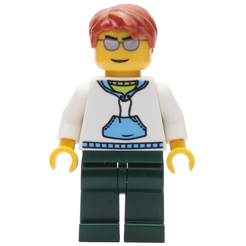 Man, White and Blue Hoodie, Dark Green Legs, Dark Orange Hair, Sunglasses