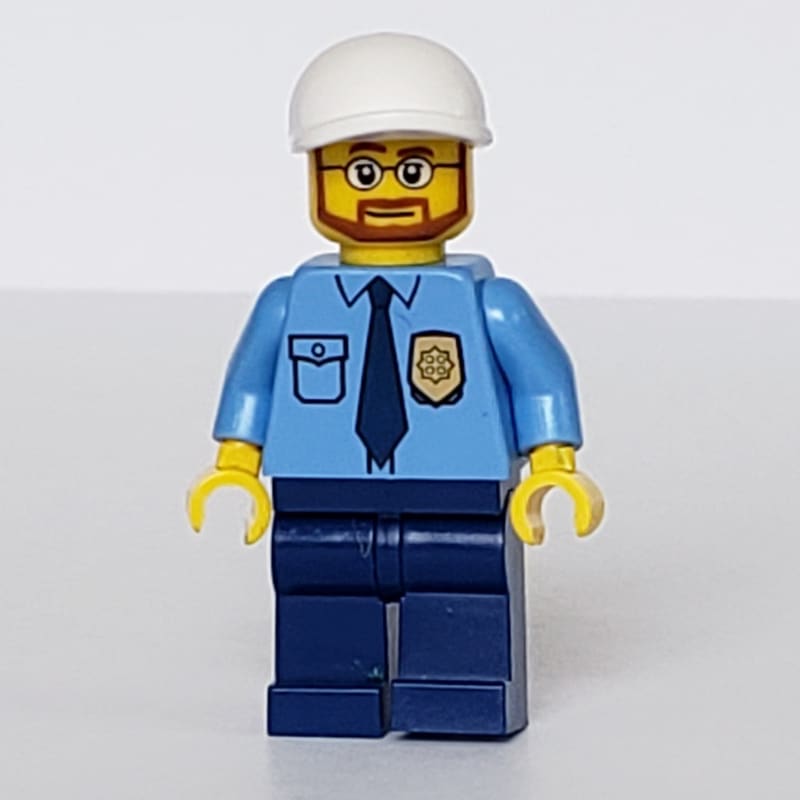 Policeman, Medium Blue Shirt with Badge and Tie, White Cap, Beard and Glasses