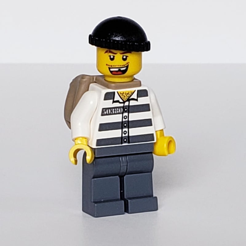 Criminal, Prison Shirt with #50380, Dark Bluish Gray Legs, Black Hat, Dark Tan Back Pack, Open Mouth
