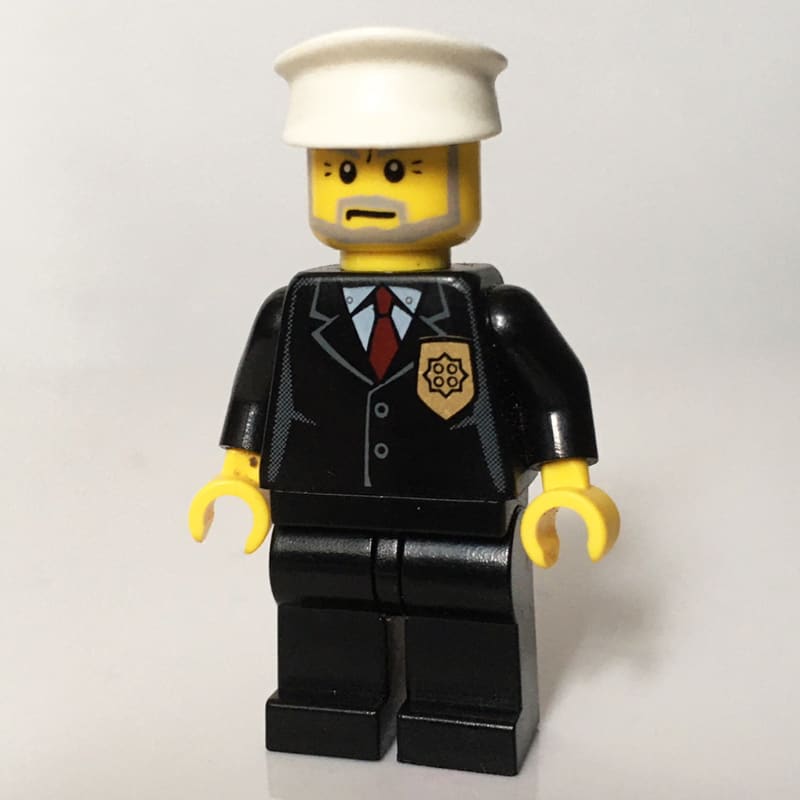 Policeman, Black Suit with Badge, White Hat, Gray Beard