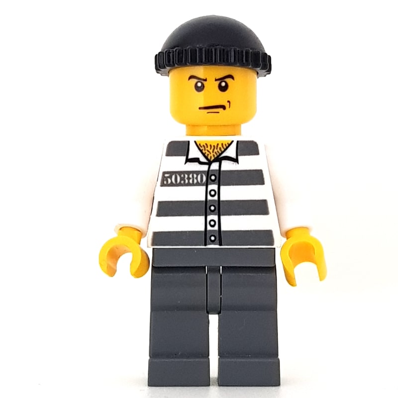 Criminal, Prison Shirt with #50380, Dark Bluish Gray Legs, Black Hat