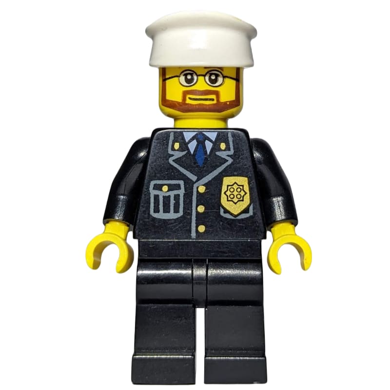 Policeman, Black Suit with Badge, White Hat, Beard and Glasses