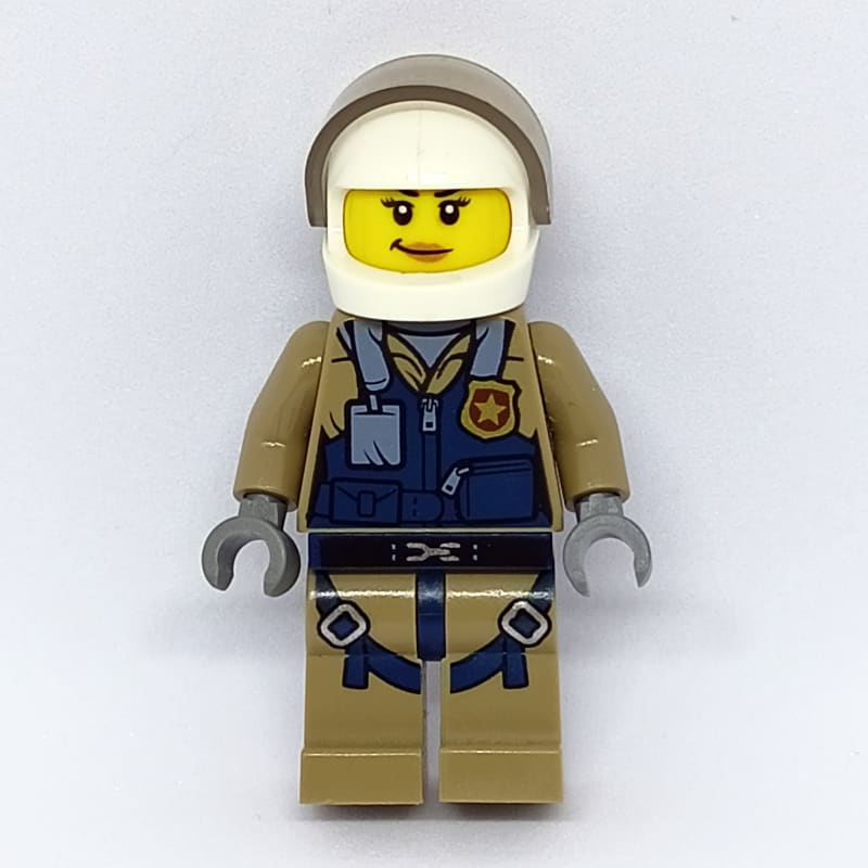 Policewoman, Dark Blue Vest over Dark Tan Jacket with Zipper and Badge, White Helmet with Visor