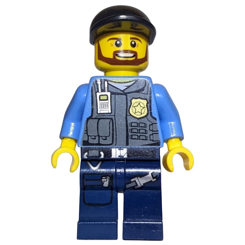 Policeman, Dark Bluish Gray Vest with Radio, Badge and Pouches over Medium Blue Shirt, Black Cap, Beard