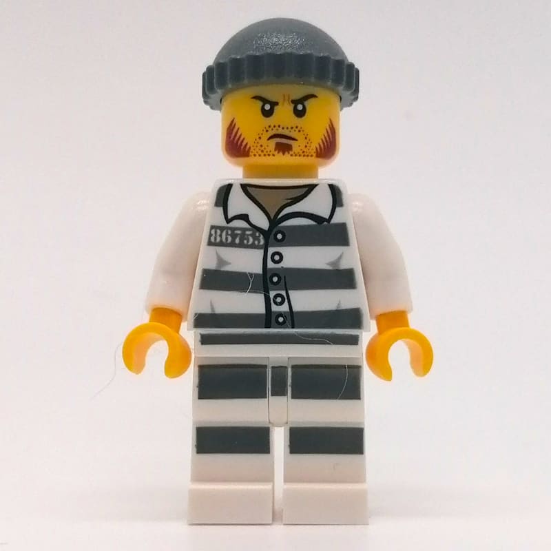 Criminal, Prison Shirt with #86753, Black Legs, Dark Bluish Gray Hat, Stubble and Mutton Chops
