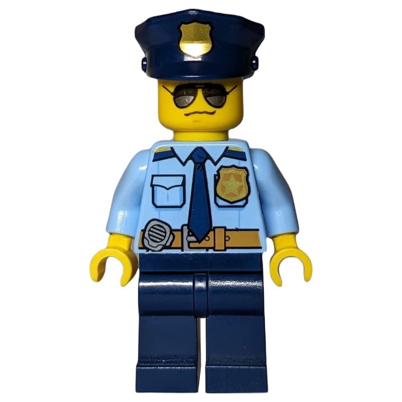 Policeman, Bright Light Blue Shirt with Dark Blue Tie, Badge, and Radio on Belt, Dark Blue Police Hat with Badge, Sunglasses