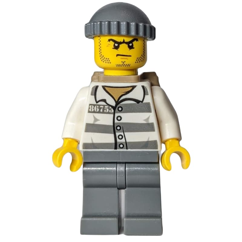 Criminal, Prison Shirt with #86753, Dark Bluish Gray Legs, Dark Bluish Gray Hat, Dark Tan Backpack