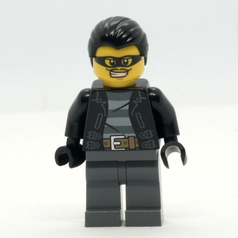 Criminal, Open Black Jacket over Prison Shirt, Dark Bluish Grey Legs, Black Hair, Black Eyemask