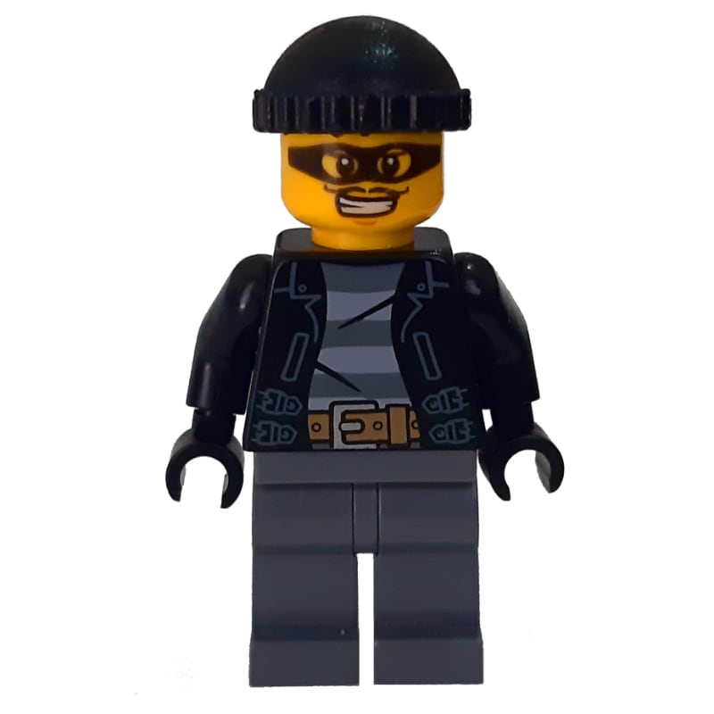 Criminal, Open Black Jacket over Prison Shirt, Dark Bluish Grey Legs, Black Hat, Black Eyemask