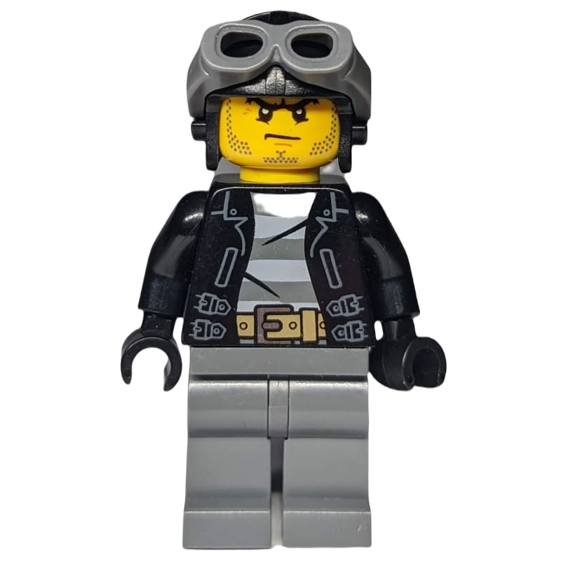 Criminal, Open Black Jacket over Prison Shirt, Dark Bluish Grey Legs, Black Hat with Goggles