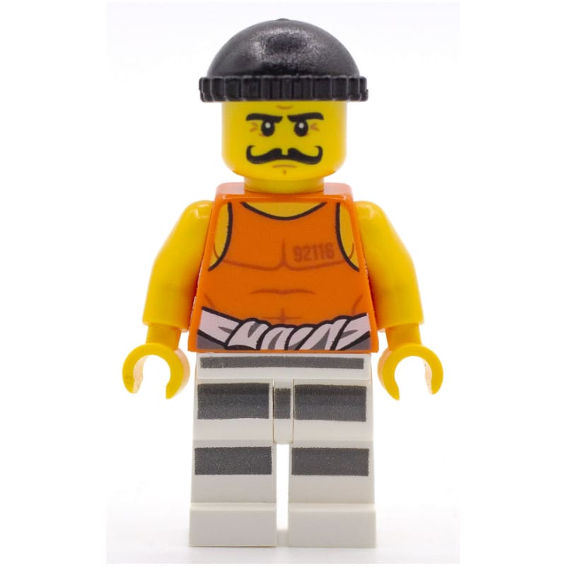 Criminal Simon Sin, Orange Vest with #92116 and Waist Tied Prison Shirt, Black Hat, Moustache