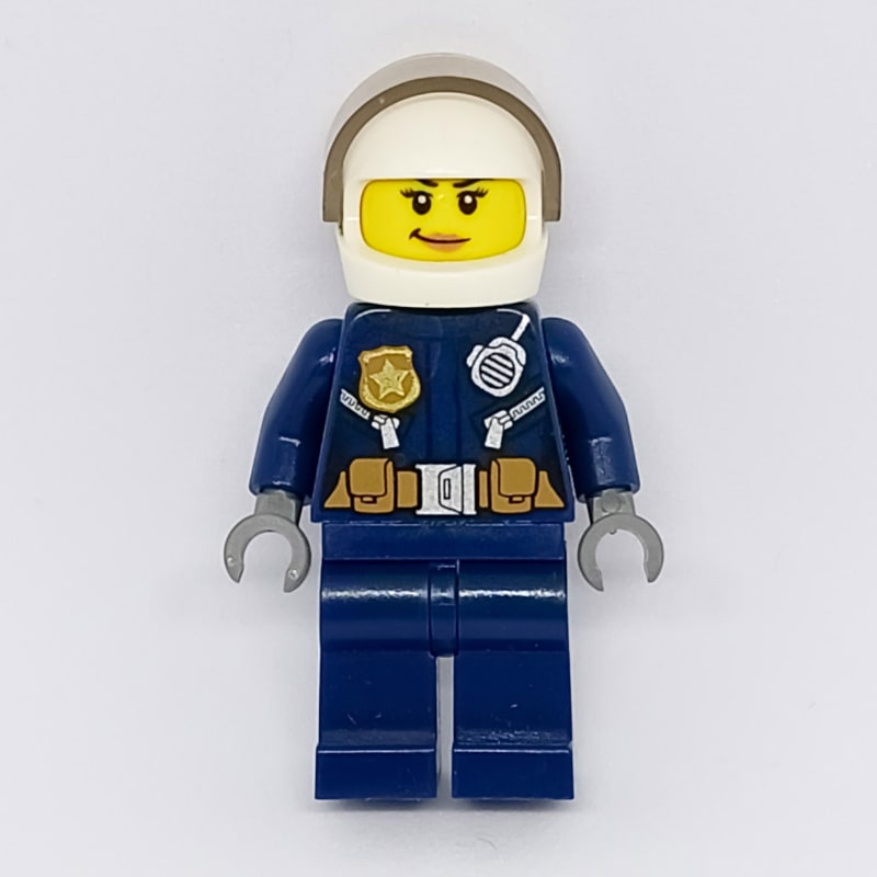 Policewoman, Dark Blue Jacket with Radio, Badge, and Belt with Pouches, White Helmet with Trans-Brown Visor, Smirk (3626cpr2113 Head)