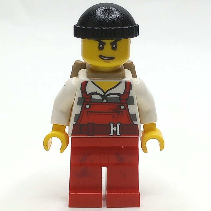 Criminal Joe Frankfurter, Red Overalls over Prison Shirt, Black Hat, Dark Tan Backpack