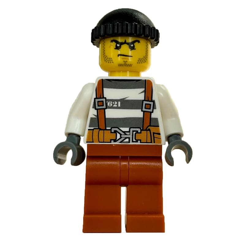 Criminal Barry Barrel, Prison Shirt with Suspenders and Belt, Black Hat