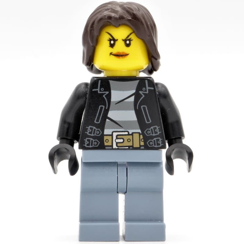 Criminal Monica Million, Woman, Open Black Jacket over Prison Shirt, Dark Brown Hair