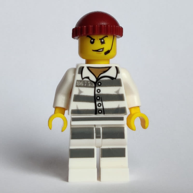 Criminal, Prison Shirt with #86753, Dark Red Hat, Headset