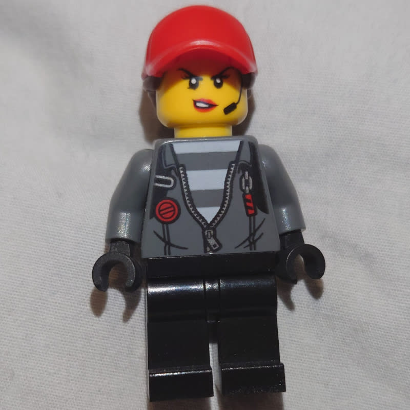 Criminal, Woman, Open Dark Bluish Gray Jacket with Zipper over Prison Shirt, Red Cap with Hair