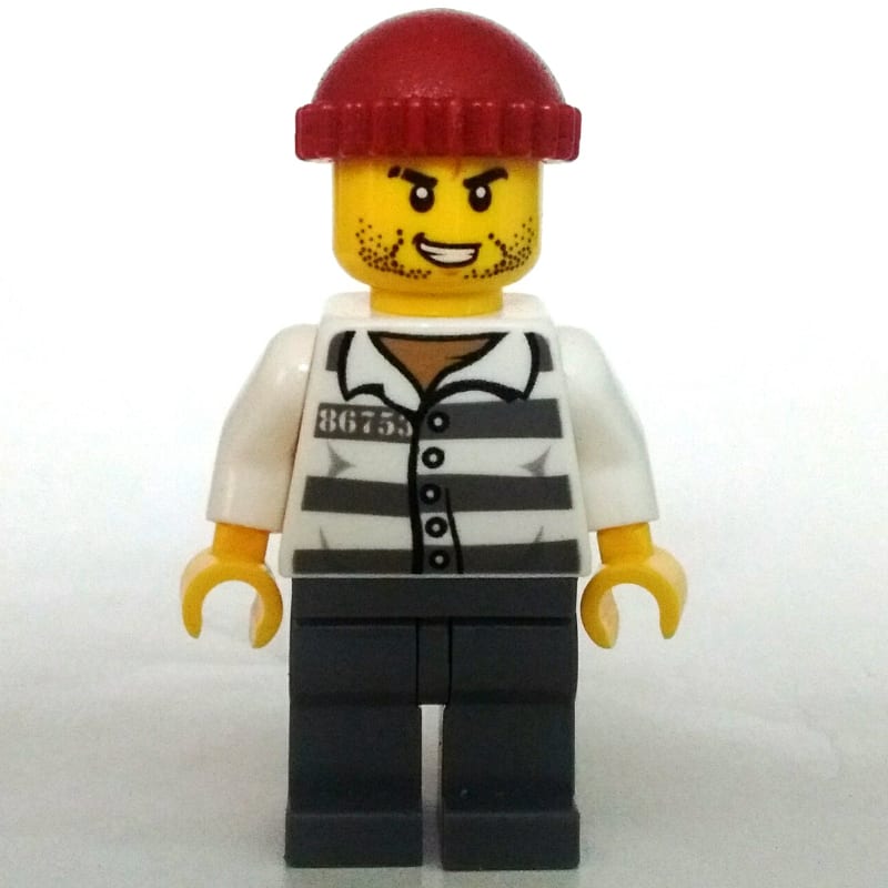 Criminal, Prison Shirt with #86753, Dark Bluish Gray Legs, Dark Red Hat