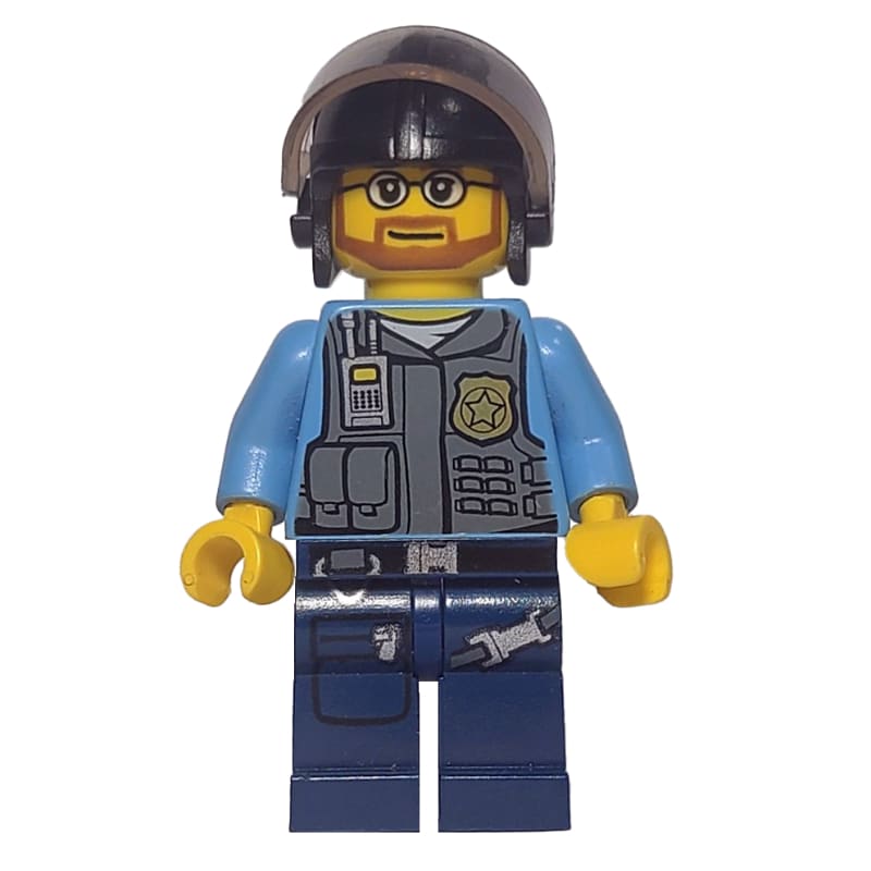 Policeman, Dark Bluish Gray Vest with Radio, Badge and Pouches over Medium Blue Shirt, Black Helmet with Visor, Beard and Glasses