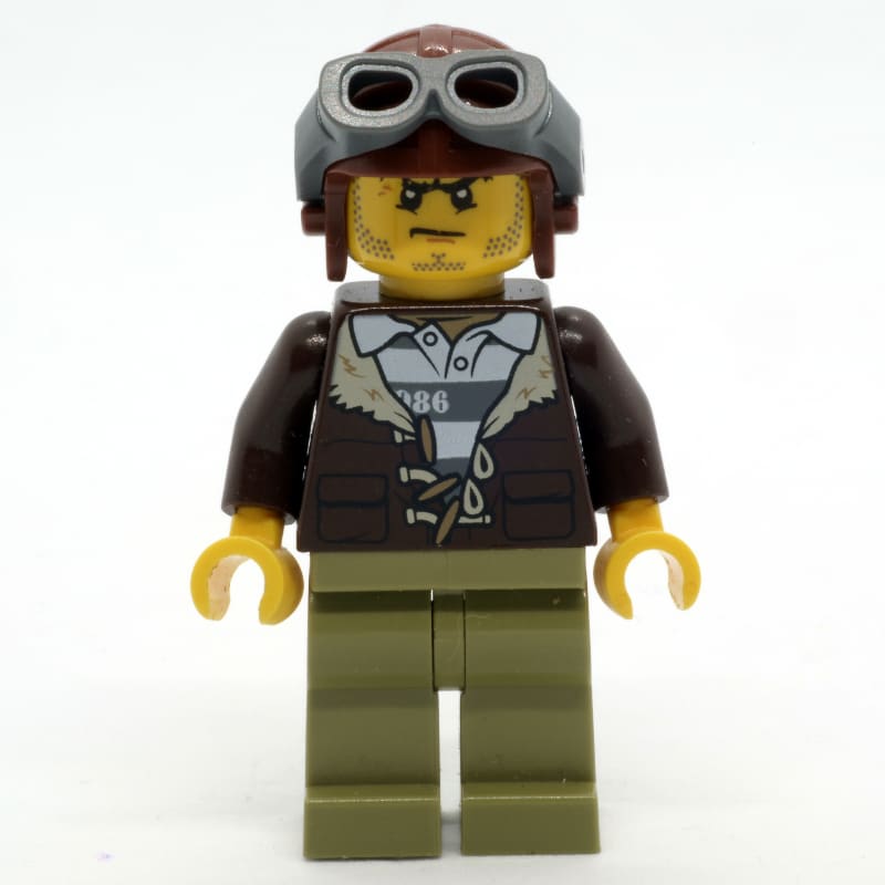 Criminal, Open Dark Brown Jacket over Prison Shirt, Reddish Brown Hat with Goggles