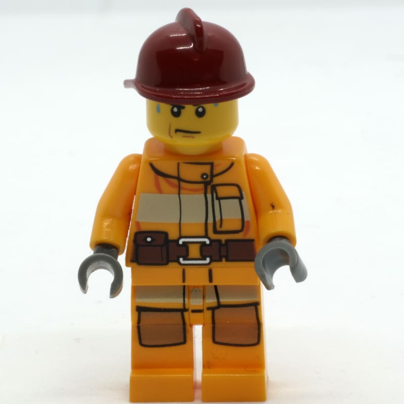 Fireman, Bright Light Orange Fire Suit, Dark Red Helmet, Sweat Drops