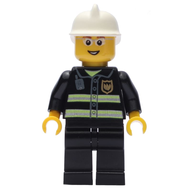 Fireman, Black Fire Jacket with Reflective Stripes, Radio, and Badge, White Helmet, Glasses