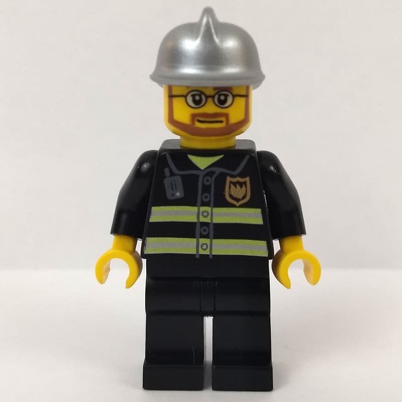 Fireman, Black Fire Jacket with Reflective Stripes, Radio, and Badge, Silver Helmet, Beard and Glasses