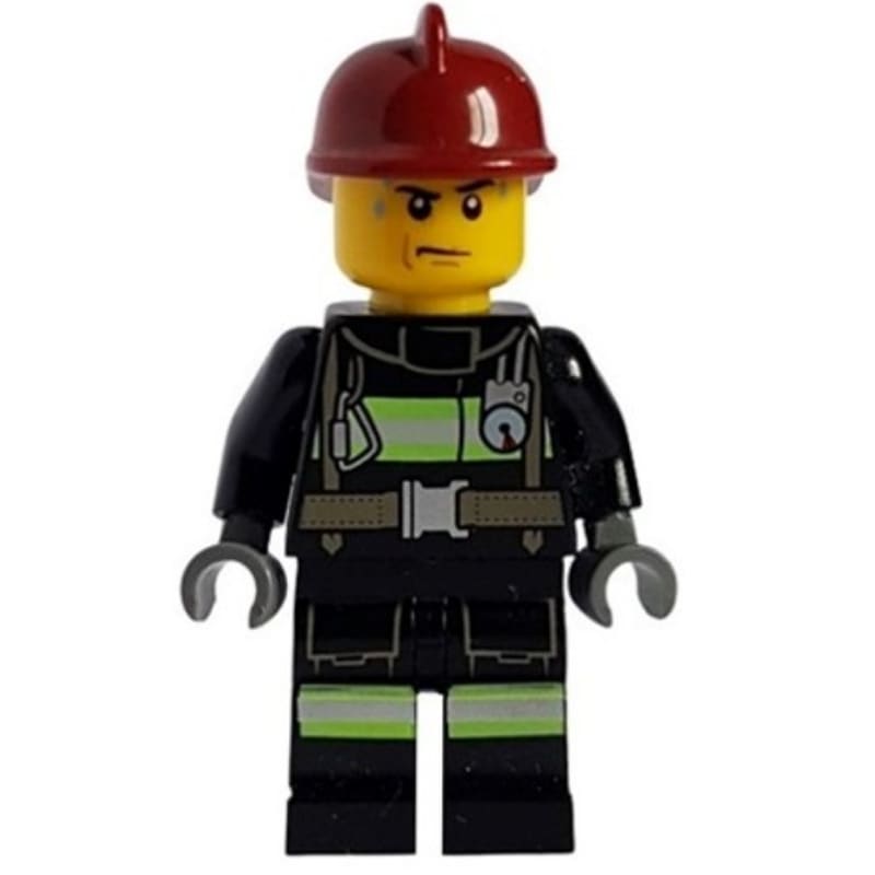 Fireman, Black Fire Suit with Gauge and Straps, Dark Red Helmet, Sweat Drops