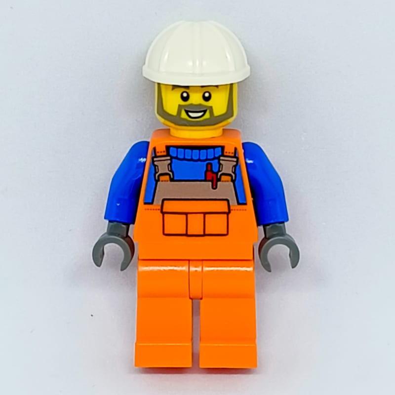 Construction Worker, Orange Overalls over Blue Sweater, White Hard Hat, Beard