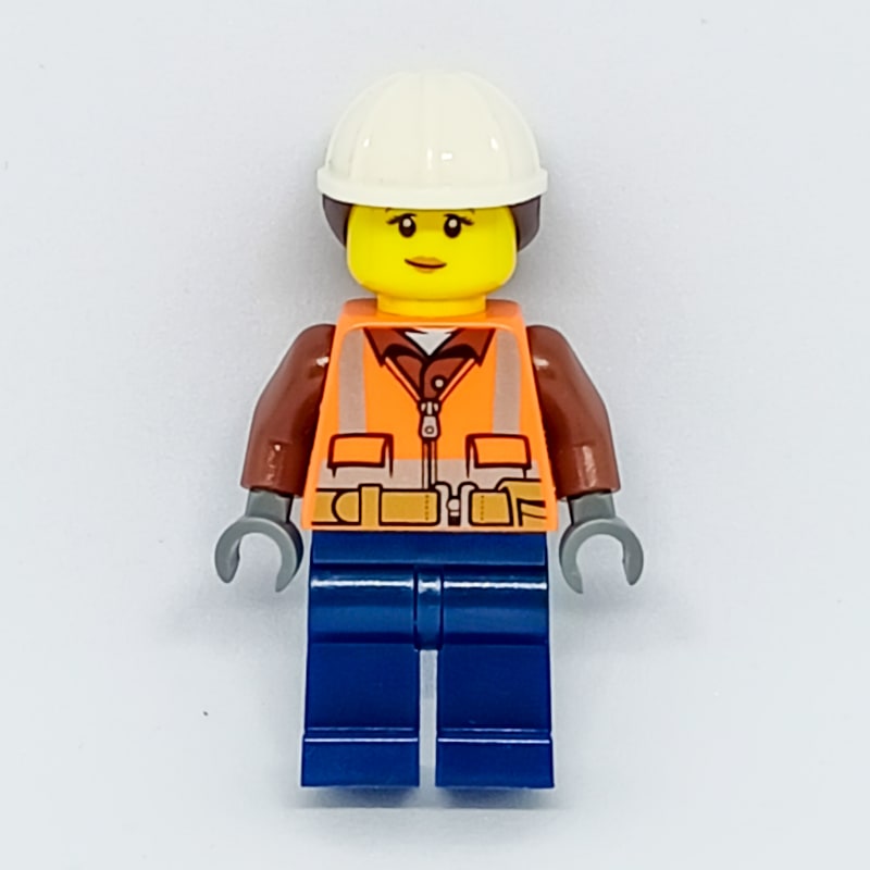 Construction Worker, Woman, Orange Safety Vest with Zipper and Pockets, White Hard Hat with Hair